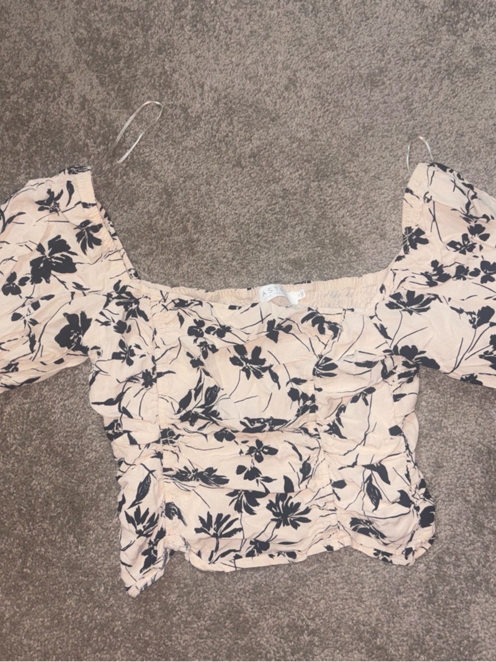 Astr Cream Floral Smocked Off-Shoulder Crop Top with Black Print